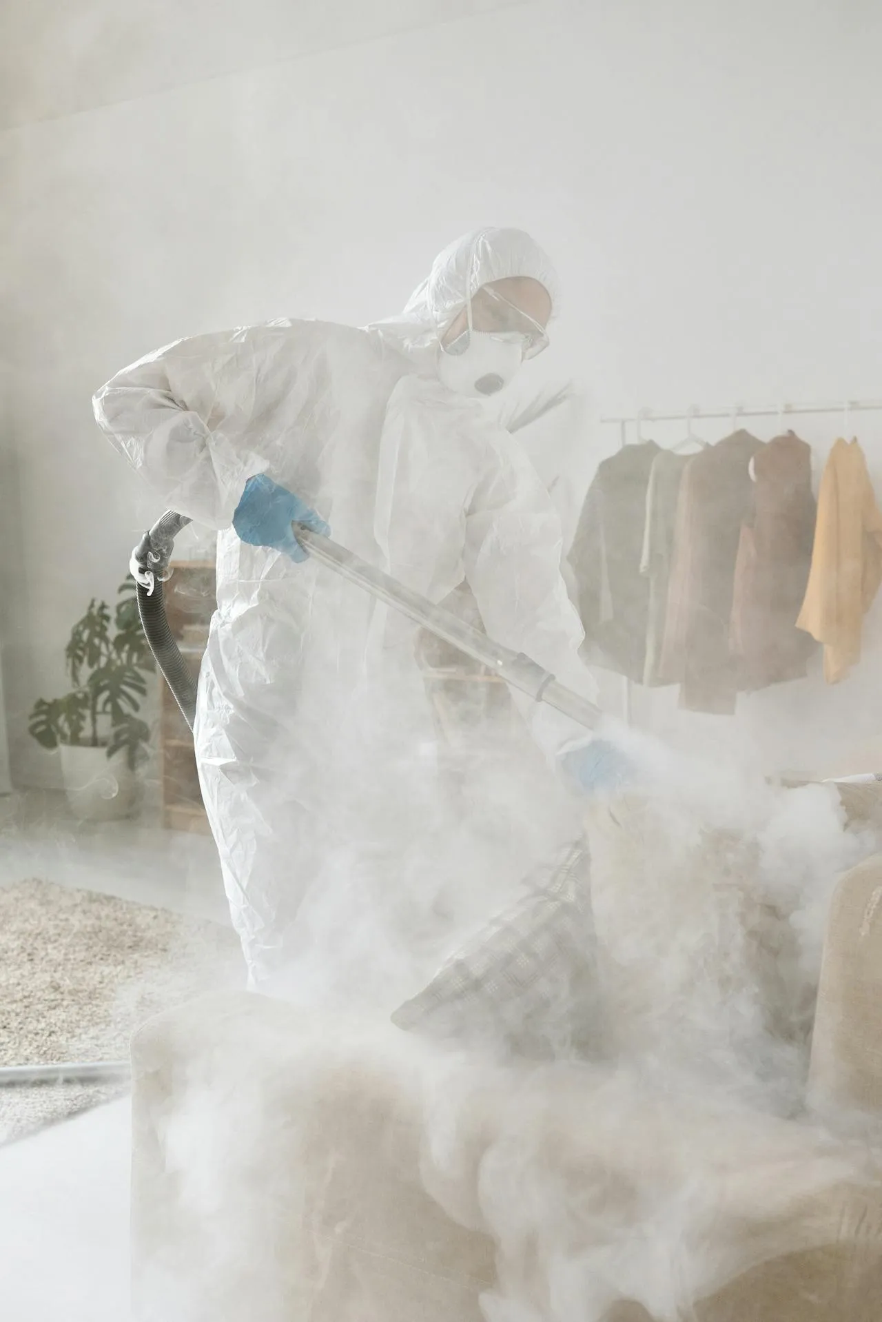 Technician fogging inside home