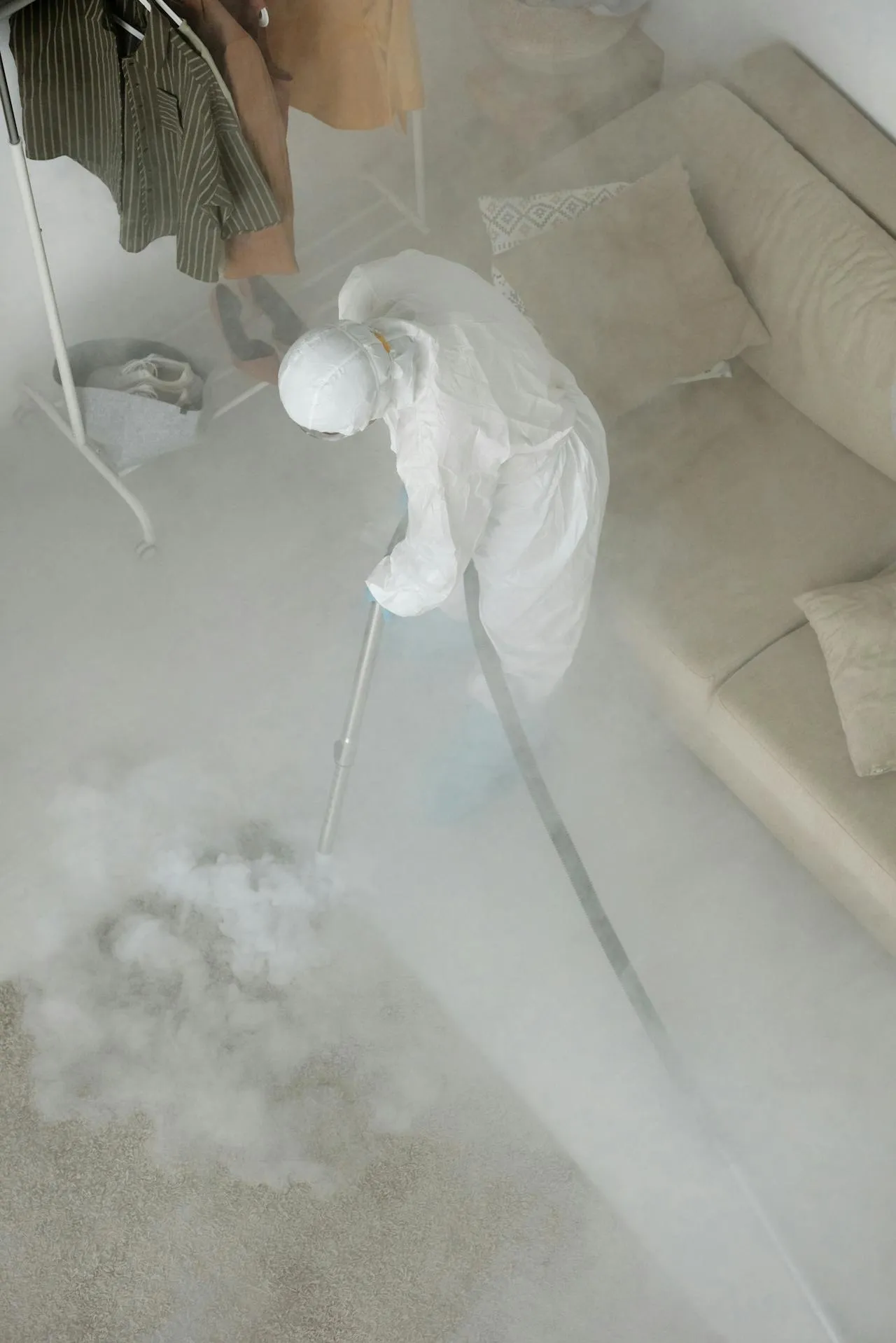 Exterminator treating home interior floor
